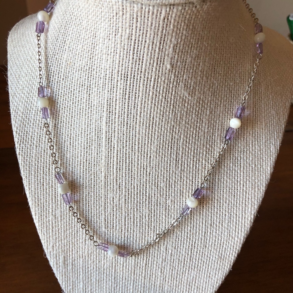 Purple and white beaded necklace